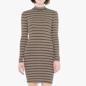 NEW American Apparel 2x1 Stripe Mockneck Long-sleeve Mini Dress (Olive/Pink)